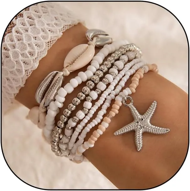 GIGB PBDK 7pcs Stackable Beach Shell Bracelet Set for Woman Lover,Boho Cowrie Seashell Starfish Bracelet Set,Cute Beaded Jewelry Gifts for Friends