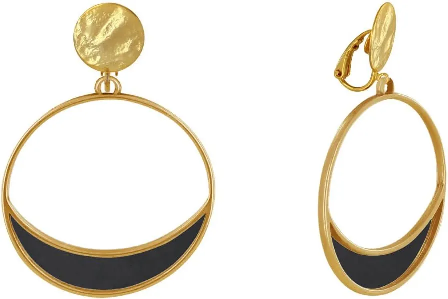Gilt Metal Clip Earrings Circle and Crescent Moon Translucent Colored