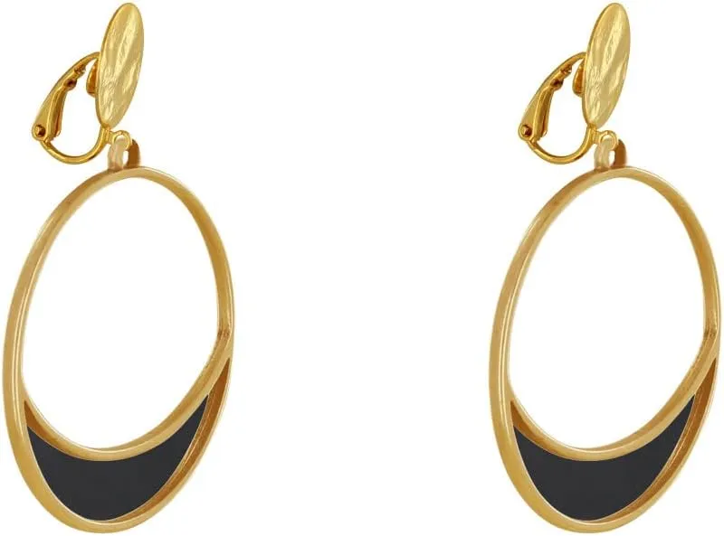 Gilt Metal Clip Earrings Circle and Crescent Moon Translucent Colored