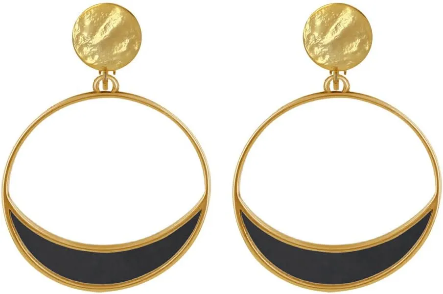 Gilt Metal Clip Earrings Circle and Crescent Moon Translucent Colored