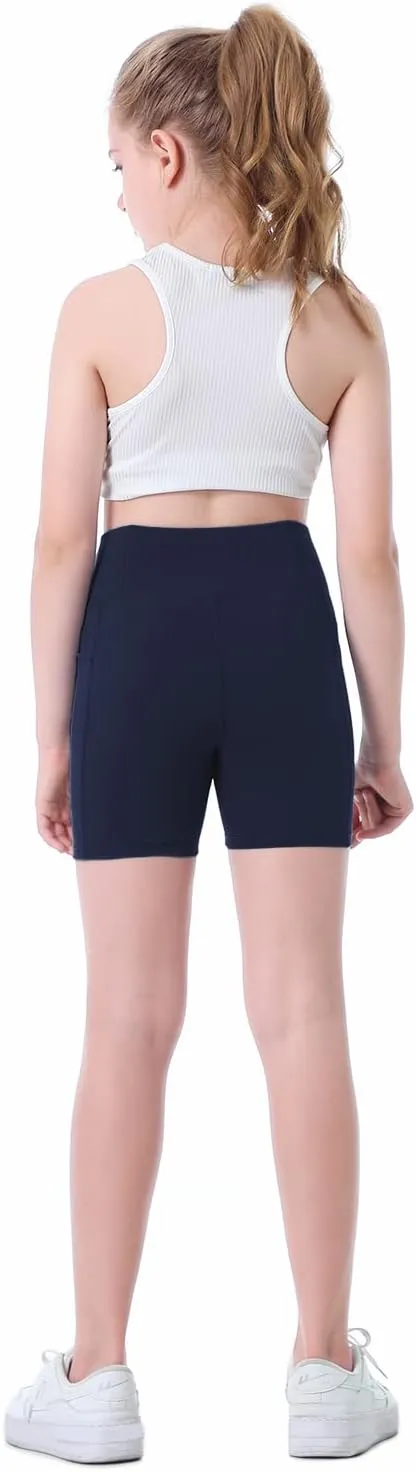 Girls Biker Shorts Kids Yoga Shorts High Waisted Spandex Athletic Running Volleyball Shorts with Pockets