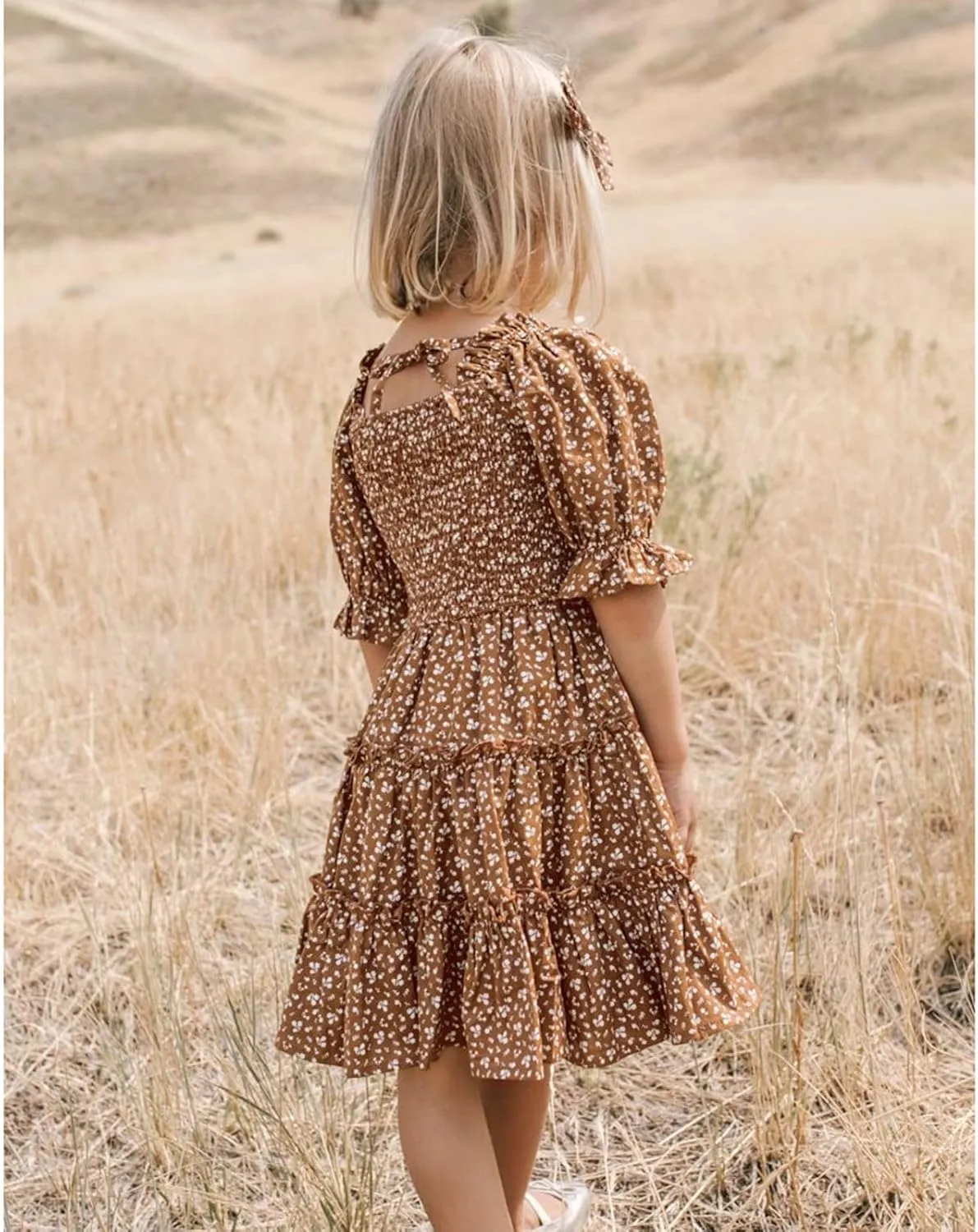 Girls Floral Ruffle Dress Summer Kids Flowy Puff Sleeve Casual Backless Princess Dress Mini Dresses for