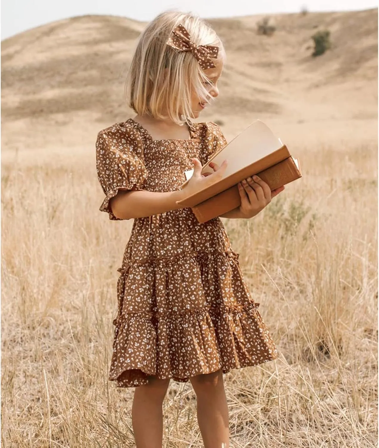 Girls Floral Ruffle Dress Summer Kids Flowy Puff Sleeve Casual Backless Princess Dress Mini Dresses for