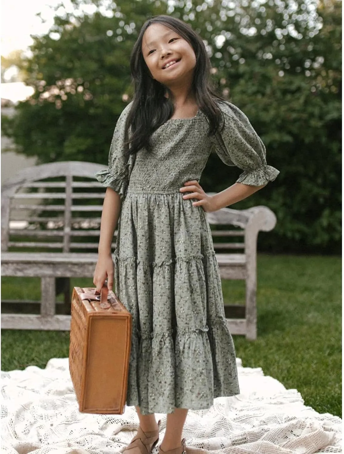 Girls Floral Ruffle Dress Summer Kids Flowy Puff Sleeve Casual Backless Princess Dress Mini Dresses for