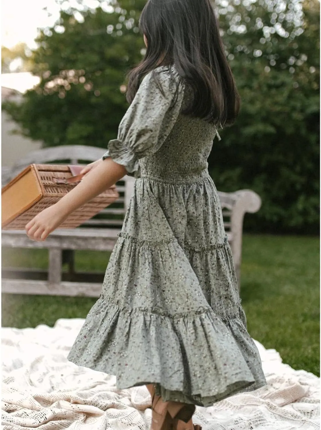 Girls Floral Ruffle Dress Summer Kids Flowy Puff Sleeve Casual Backless Princess Dress Mini Dresses for