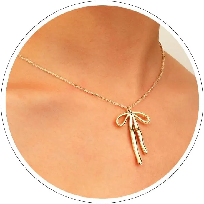 Gold Bow Necklace for Women Dainty Tiny Small Ribbon Bowknot Charm Chain Necklace Non Tarnish Coquette Bow Pendant Choker Necklace Trendy Cute Minimalist Simple Bow Ties Jewelry Gifts