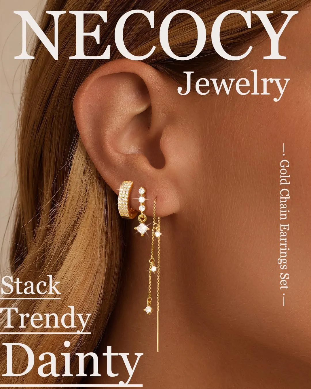 Gold Chain Earrings for Women 3/4 Pairs Dangle Dainty Stack 14K Gold Plated Hoop Earrings Set Trendy Hypoallergenic Cubic Zirconia Stud Earrings for Women Jewelry