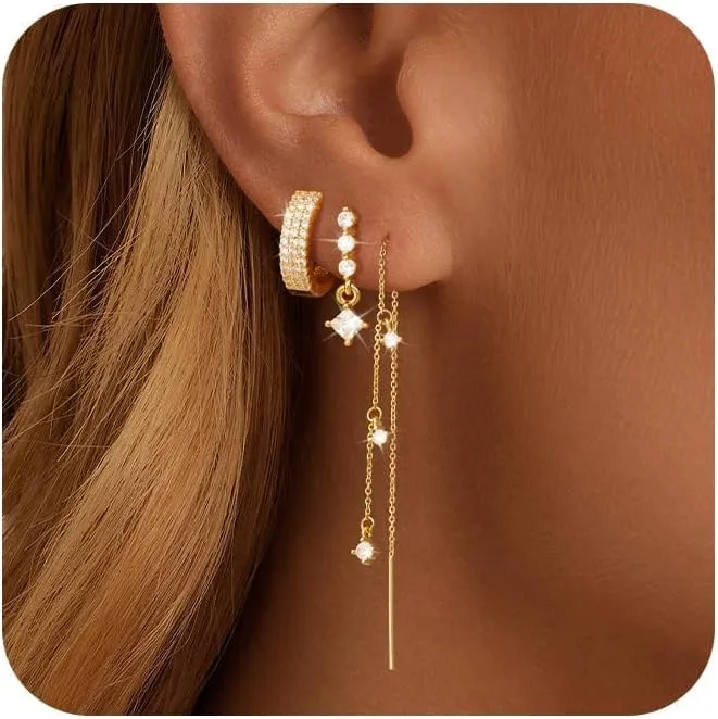 Gold Chain Earrings for Women 3/4 Pairs Dangle Dainty Stack 14K Gold Plated Hoop Earrings Set Trendy Hypoallergenic Cubic Zirconia Stud Earrings for Women Jewelry