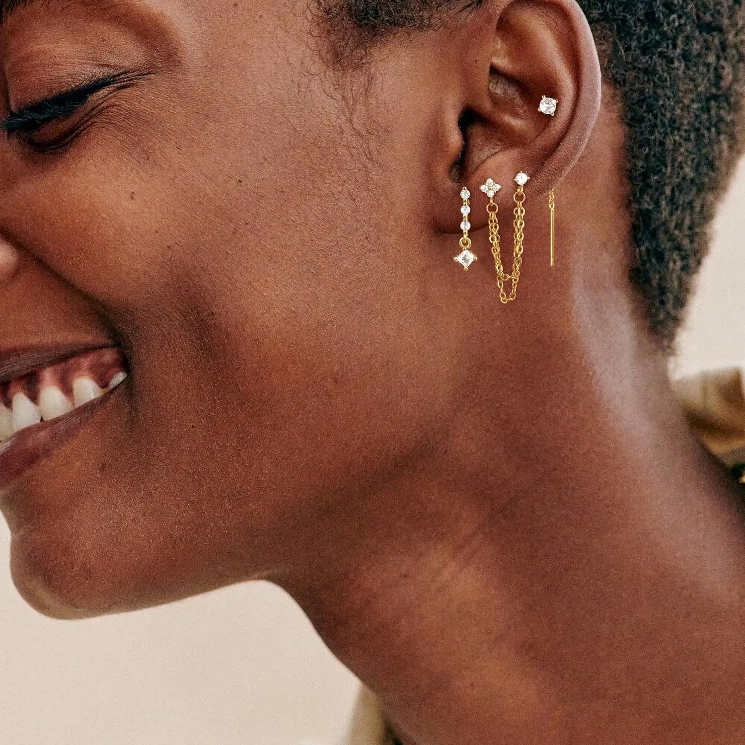 Gold Chain Earrings for Women: Dainty Stud Hoop Dangle Earrings Set 14K Gold Plated Pearl CZ Threader Earrings Hypoallergenic Cuff Chain Earrings for Multiple Piercing Trendy Gold Jewelry