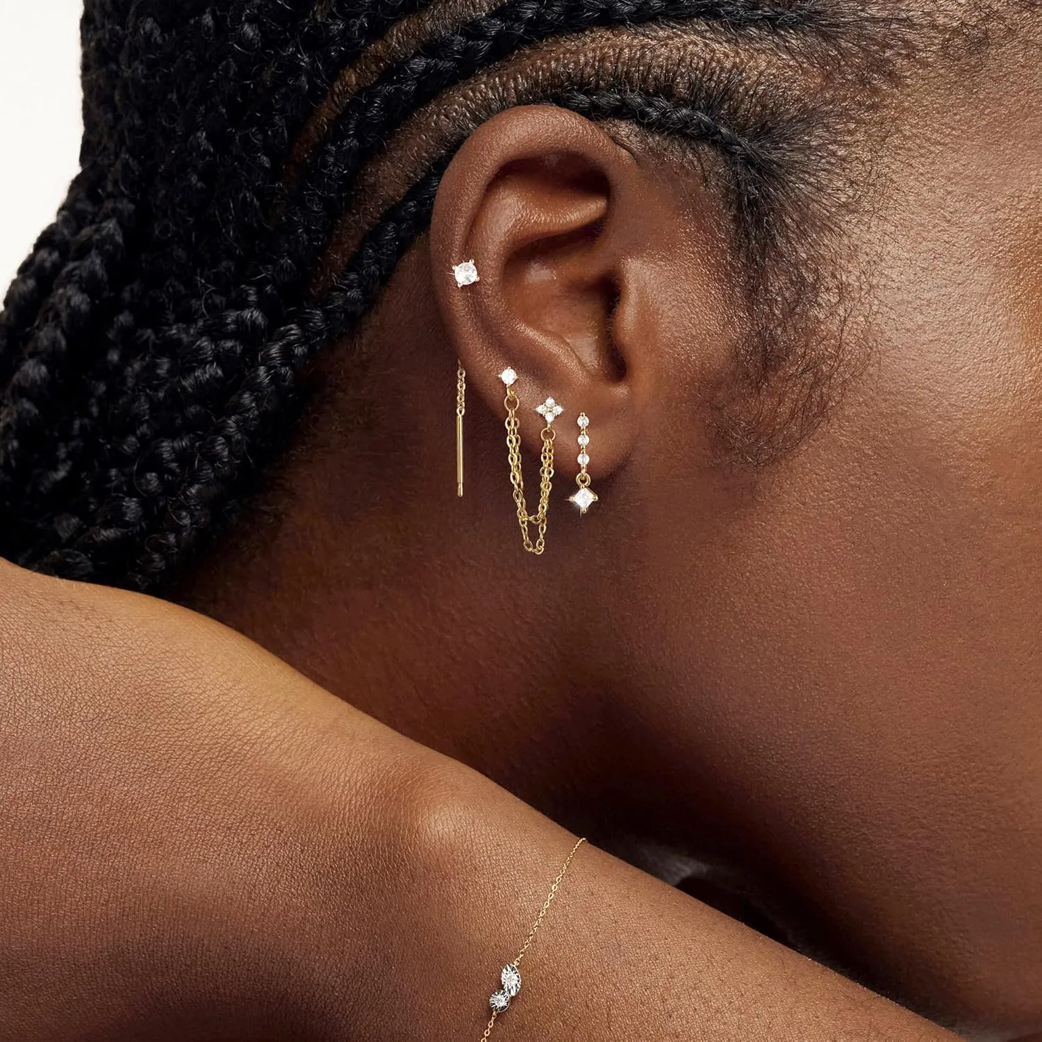 Gold Chain Earrings for Women: Dainty Stud Hoop Dangle Earrings Set 14K Gold Plated Pearl CZ Threader Earrings Hypoallergenic Cuff Chain Earrings for Multiple Piercing Trendy Gold Jewelry