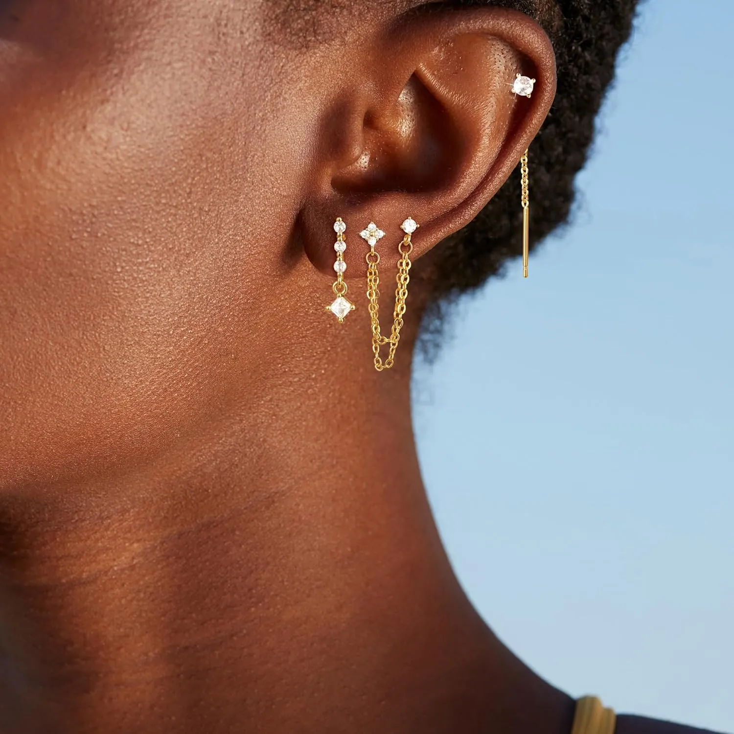 Gold Chain Earrings for Women: Dainty Stud Hoop Dangle Earrings Set 14K Gold Plated Pearl CZ Threader Earrings Hypoallergenic Cuff Chain Earrings for Multiple Piercing Trendy Gold Jewelry