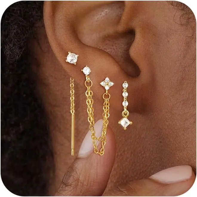 Gold Chain Earrings for Women: Dainty Stud Hoop Dangle Earrings Set 14K Gold Plated Pearl CZ Threader Earrings Hypoallergenic Cuff Chain Earrings for Multiple Piercing Trendy Gold Jewelry
