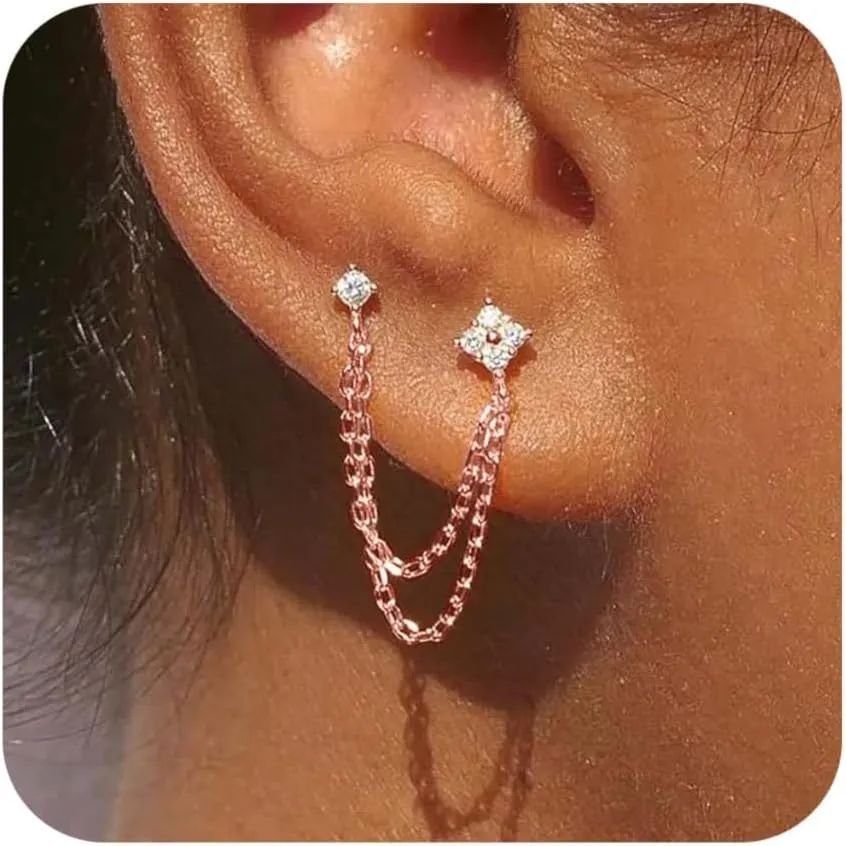 Gold Chain Studs Earrings for Women Trendy: Hypoallergenic 14K Gold Plated Dangle Earrings Dainty Small Long Chain Earring Set Fashion Gold Jewelry for Women