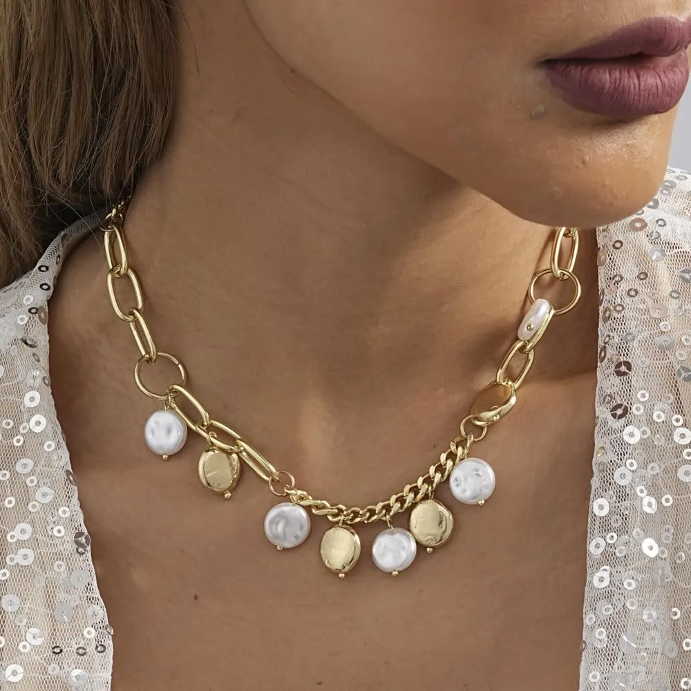 Gold Charm Necklace for Women 14k Gold Dainty Chunky Chain Evil Eye Moon Pearl Beads Shell Charm Necklace Summer Beach Seashell Jewelry for Women
