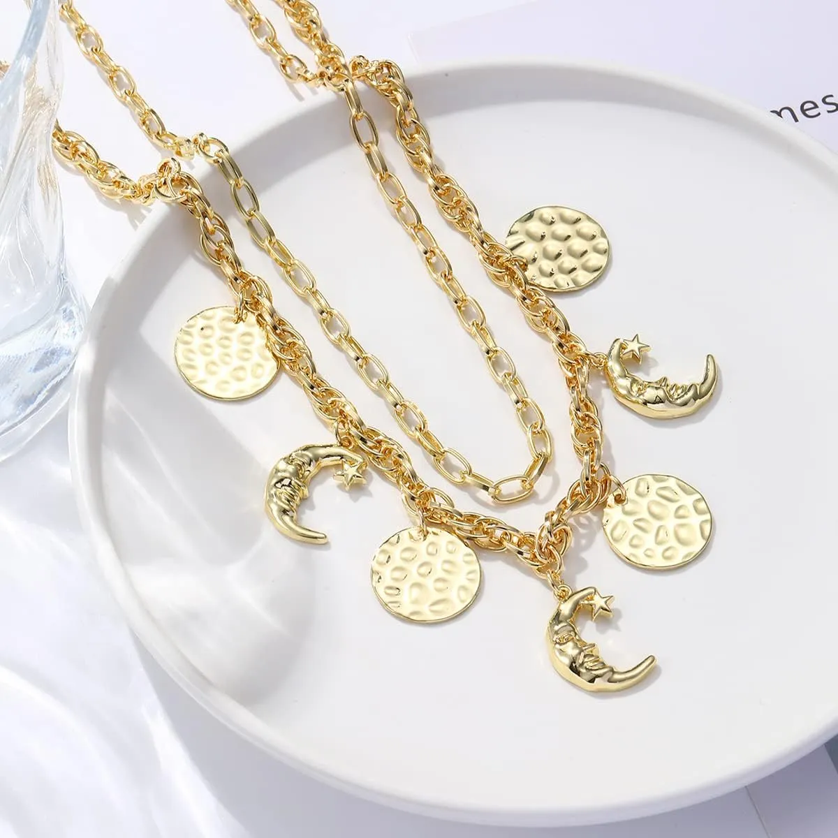 Gold Charm Necklace for Women 14k Gold Dainty Chunky Chain Evil Eye Moon Pearl Beads Shell Charm Necklace Summer Beach Seashell Jewelry for Women