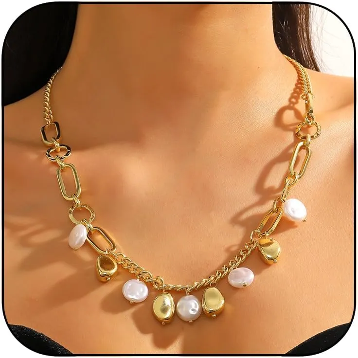 Gold Charm Necklace for Women 14k Gold Dainty Chunky Chain Evil Eye Moon Pearl Beads Shell Charm Necklace Summer Beach Seashell Jewelry for Women