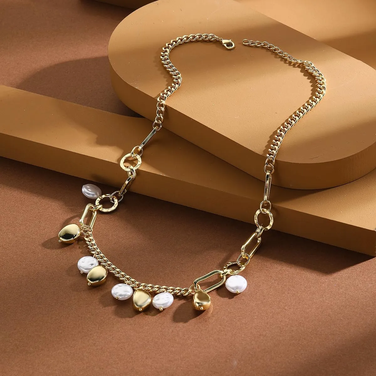 Gold Charm Necklace for Women 14k Gold Dainty Chunky Chain Evil Eye Moon Pearl Beads Shell Charm Necklace Summer Beach Seashell Jewelry for Women
