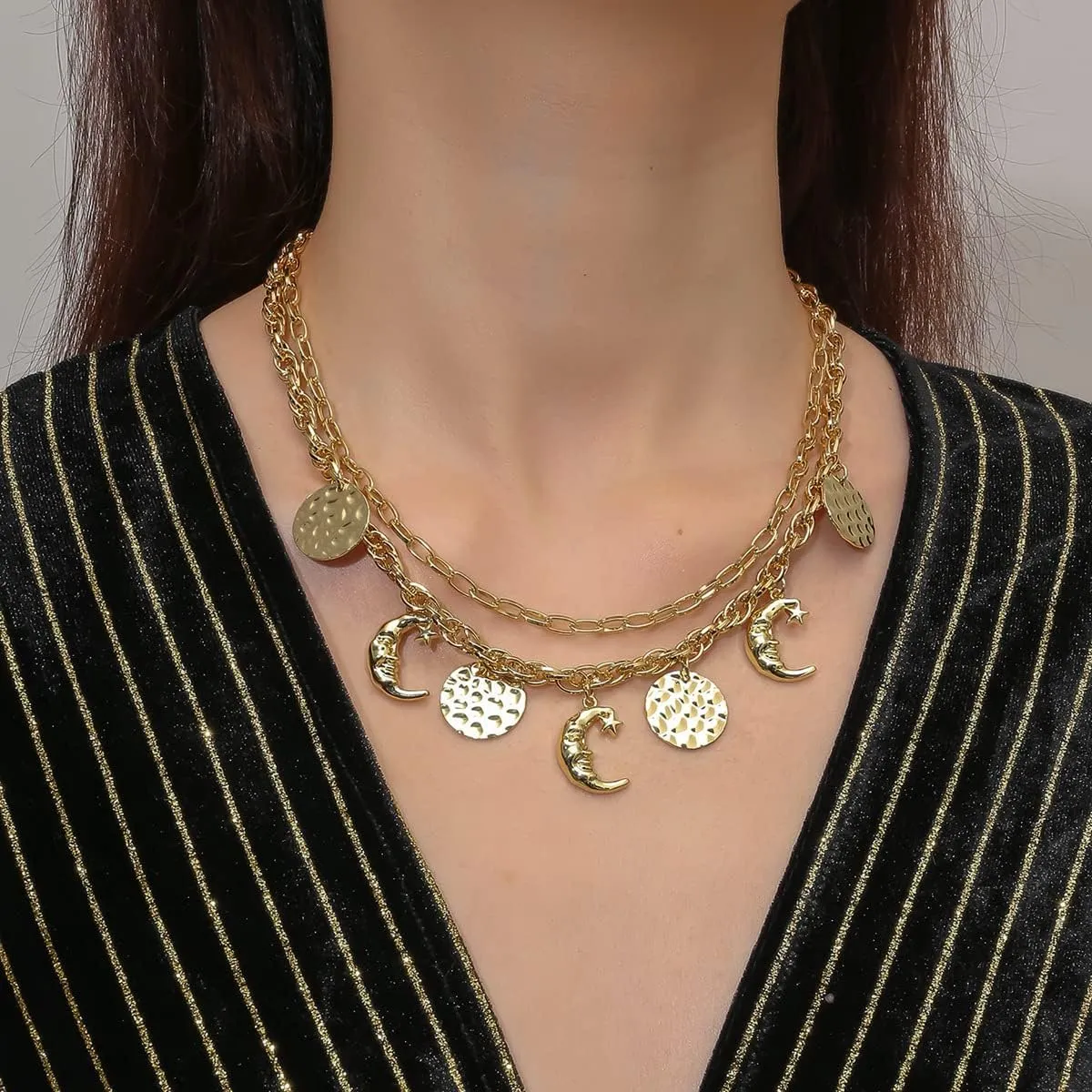Gold Charm Necklace for Women 14k Gold Dainty Chunky Chain Evil Eye Moon Pearl Beads Shell Charm Necklace Summer Beach Seashell Jewelry for Women