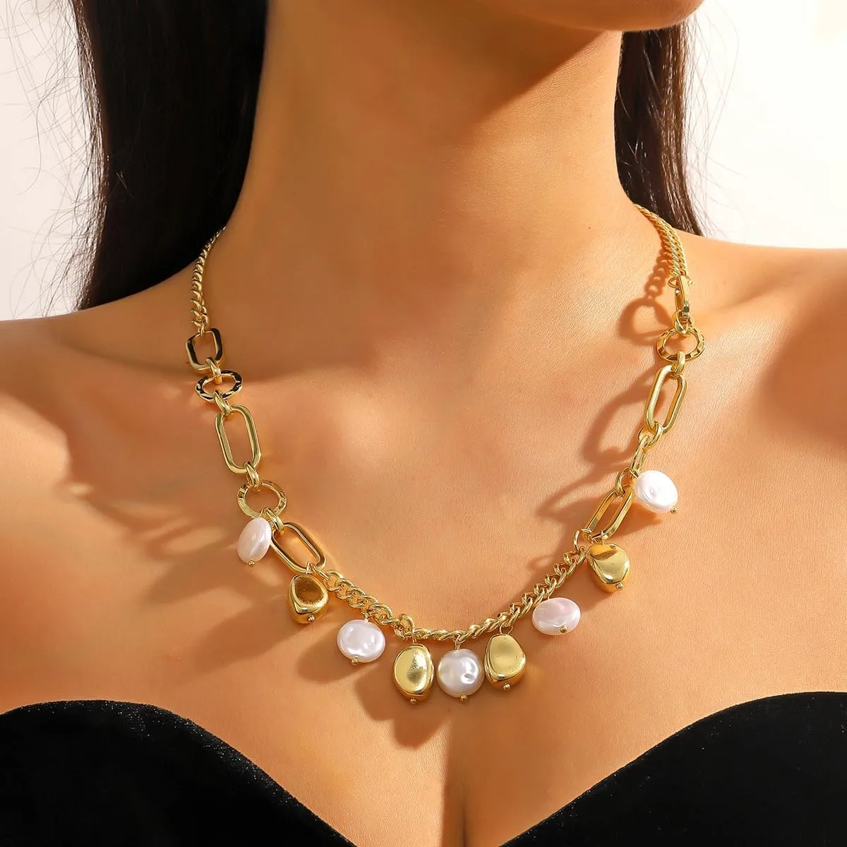 Gold Charm Necklace for Women 14k Gold Dainty Chunky Chain Evil Eye Moon Pearl Beads Shell Charm Necklace Summer Beach Seashell Jewelry for Women
