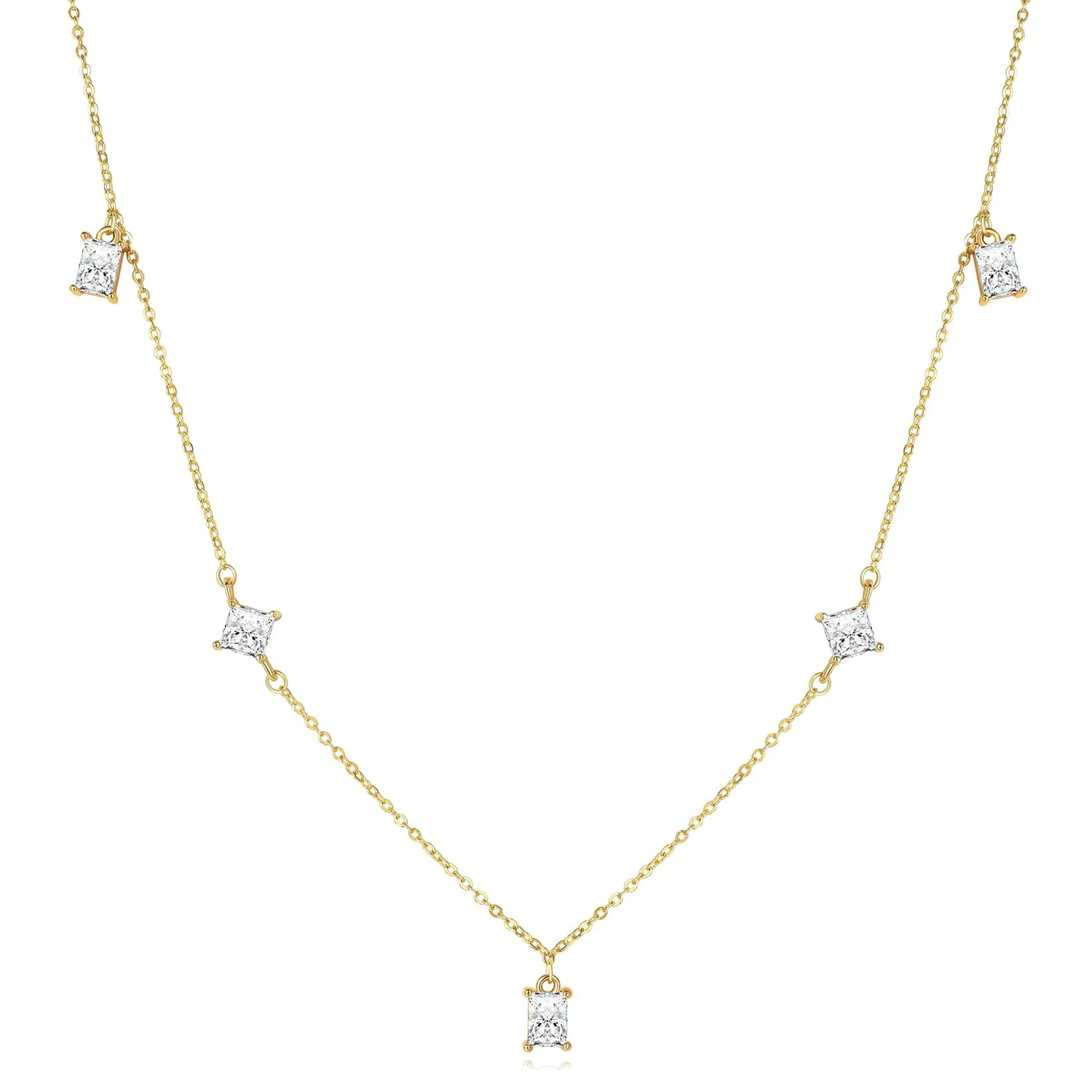 Gold Diamond CZ Station Necklace Adjustable Non-Tarnish Choker Pendant for Women 16-18 inches
