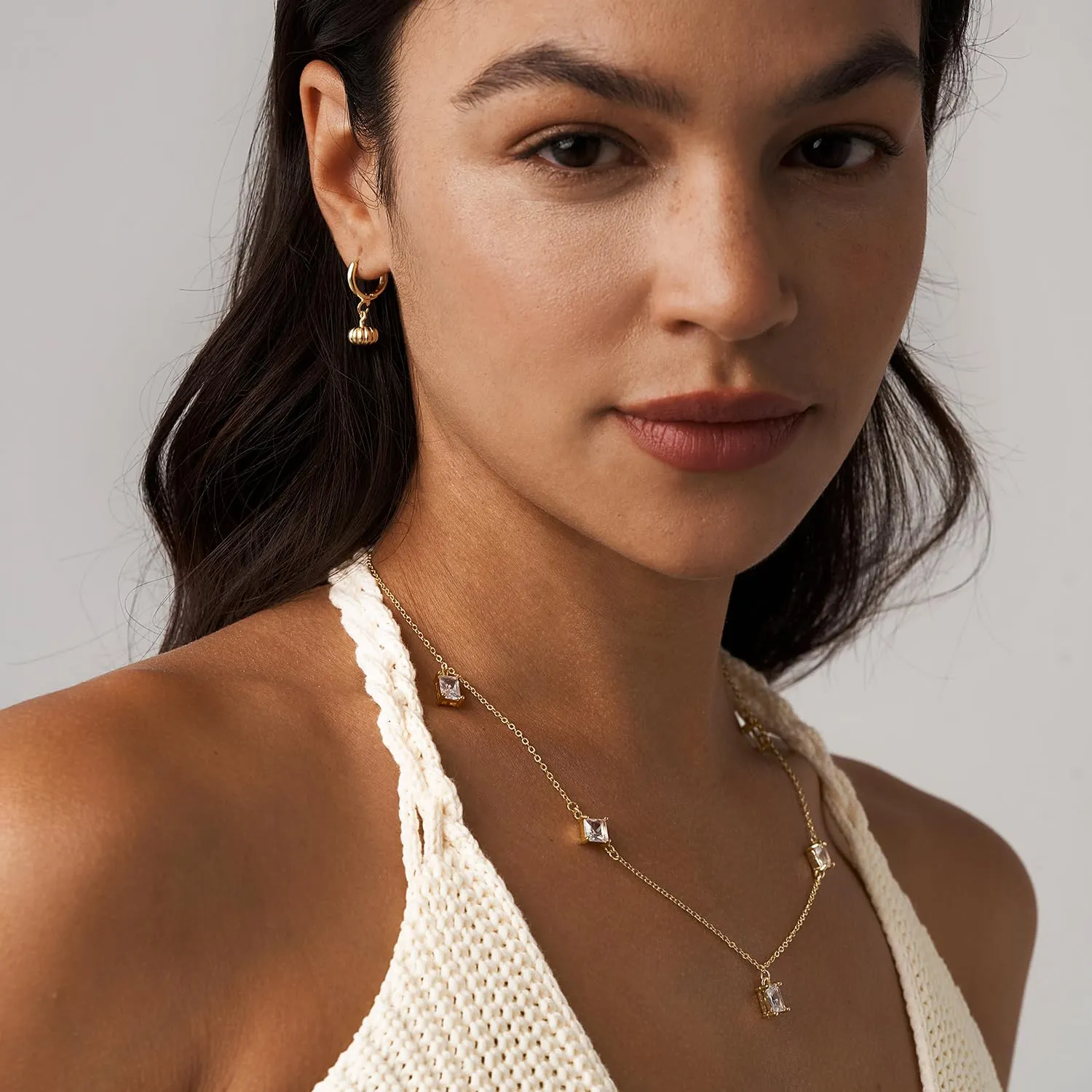 Gold Diamond CZ Station Necklace Adjustable Non-Tarnish Choker Pendant for Women 16-18 inches
