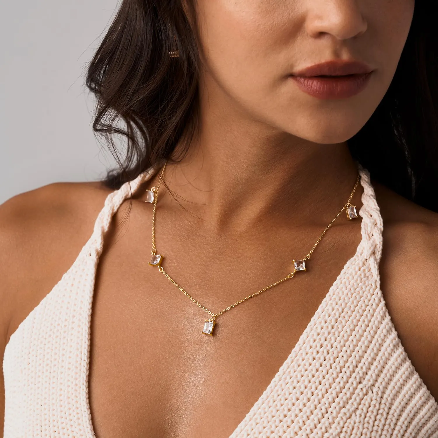 Gold Diamond CZ Station Necklace Adjustable Non-Tarnish Choker Pendant for Women 16-18 inches
