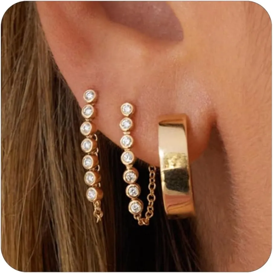 Gold Earrings for Women, 3 Pairs 14K Gold Plated Hypoallergenic Chunky Cartilage Hoop Earrings Set for Women Trendy, Dainty CZ Cute Stud Earring Huggie Stacks Gold Fashion Jewelry Gifts for Her