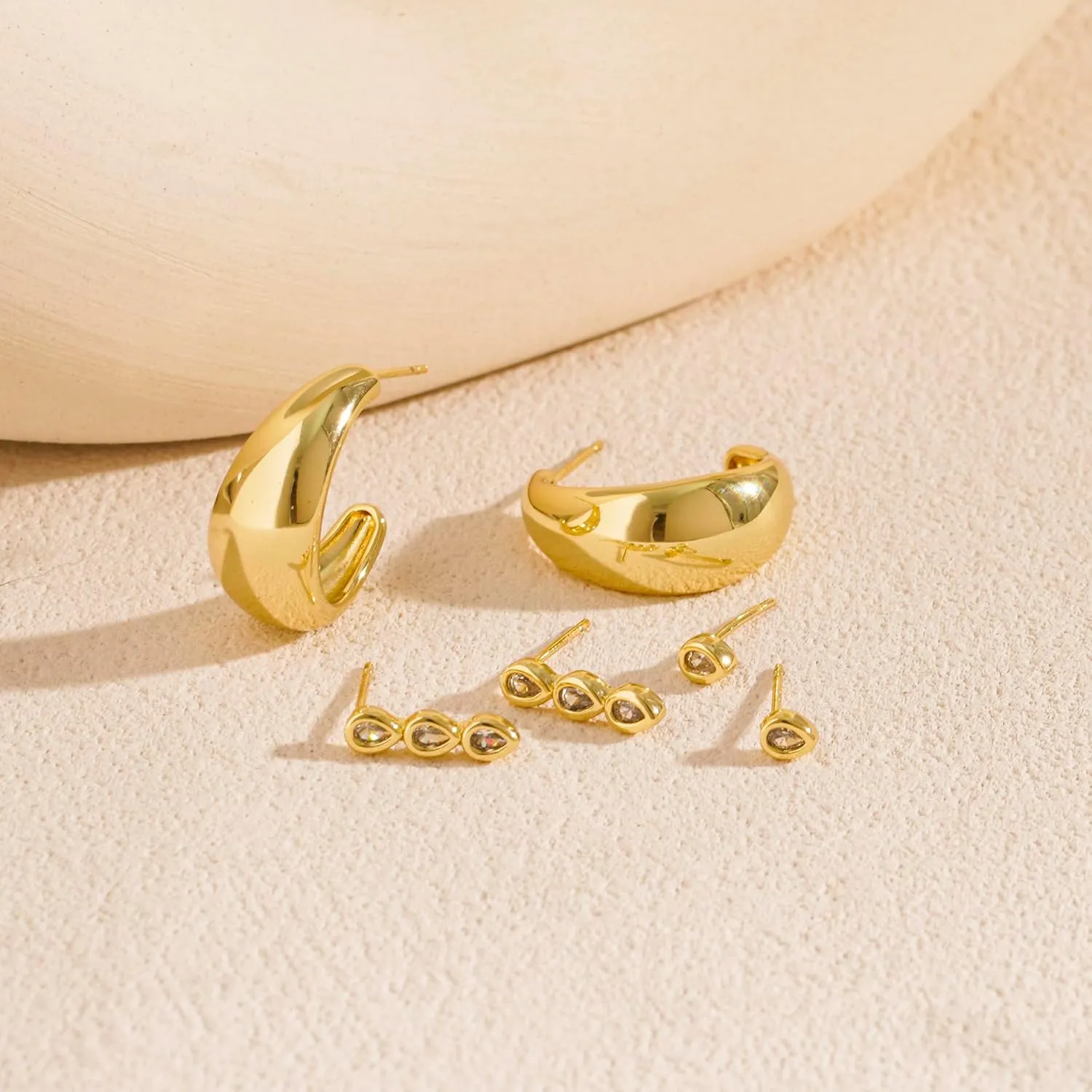 Gold Earrings for Women, 3 Pairs 14K Gold Plated Hypoallergenic Chunky Cartilage Hoop Earrings Set for Women Trendy, Dainty CZ Cute Stud Earring Huggie Stacks Gold Fashion Jewelry Gifts for Her
