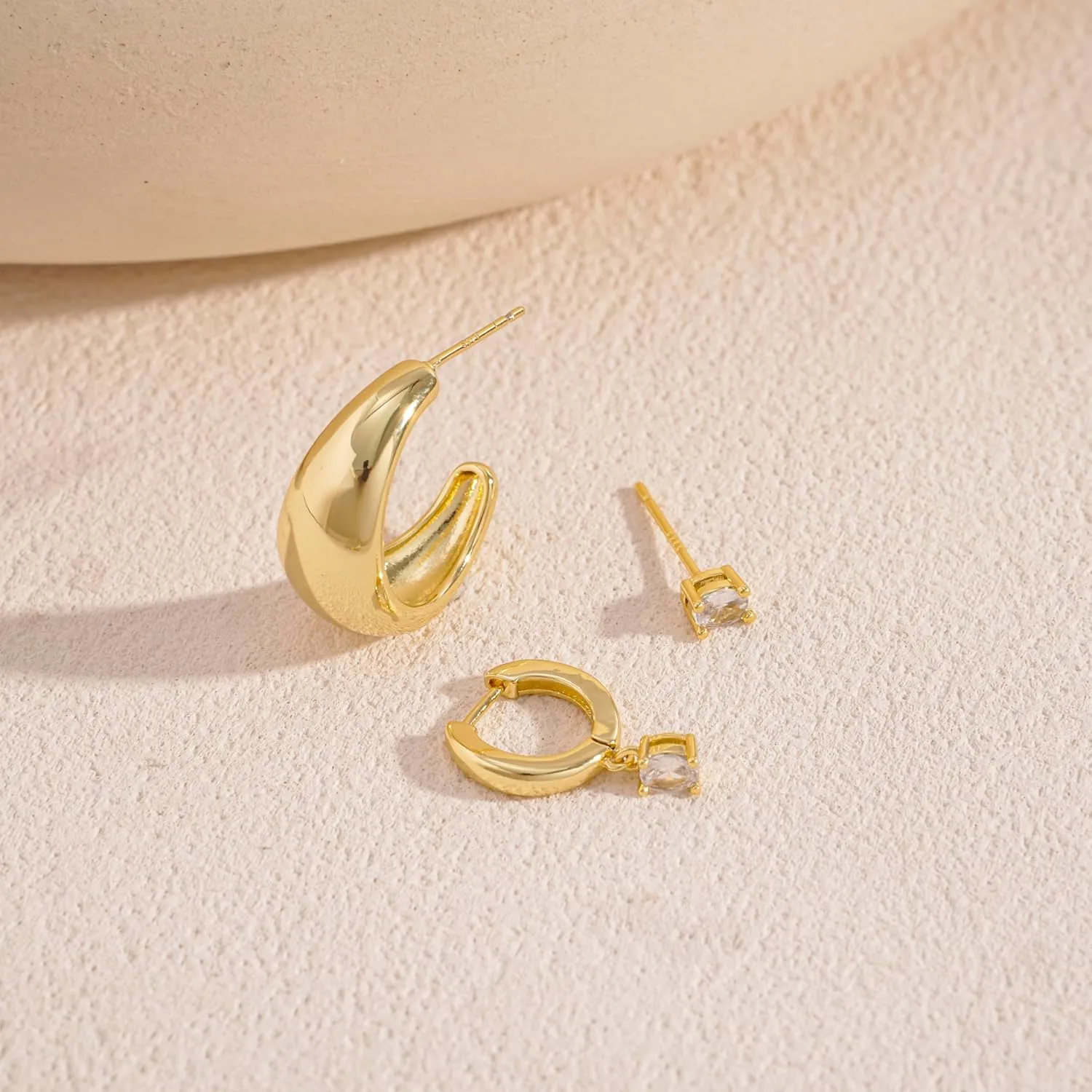 Gold Earrings for Women, 3 Pairs 14K Gold Plated Hypoallergenic Chunky Cartilage Hoop Earrings Set for Women Trendy, Dainty CZ Cute Stud Earring Huggie Stacks Gold Fashion Jewelry Gifts for Her
