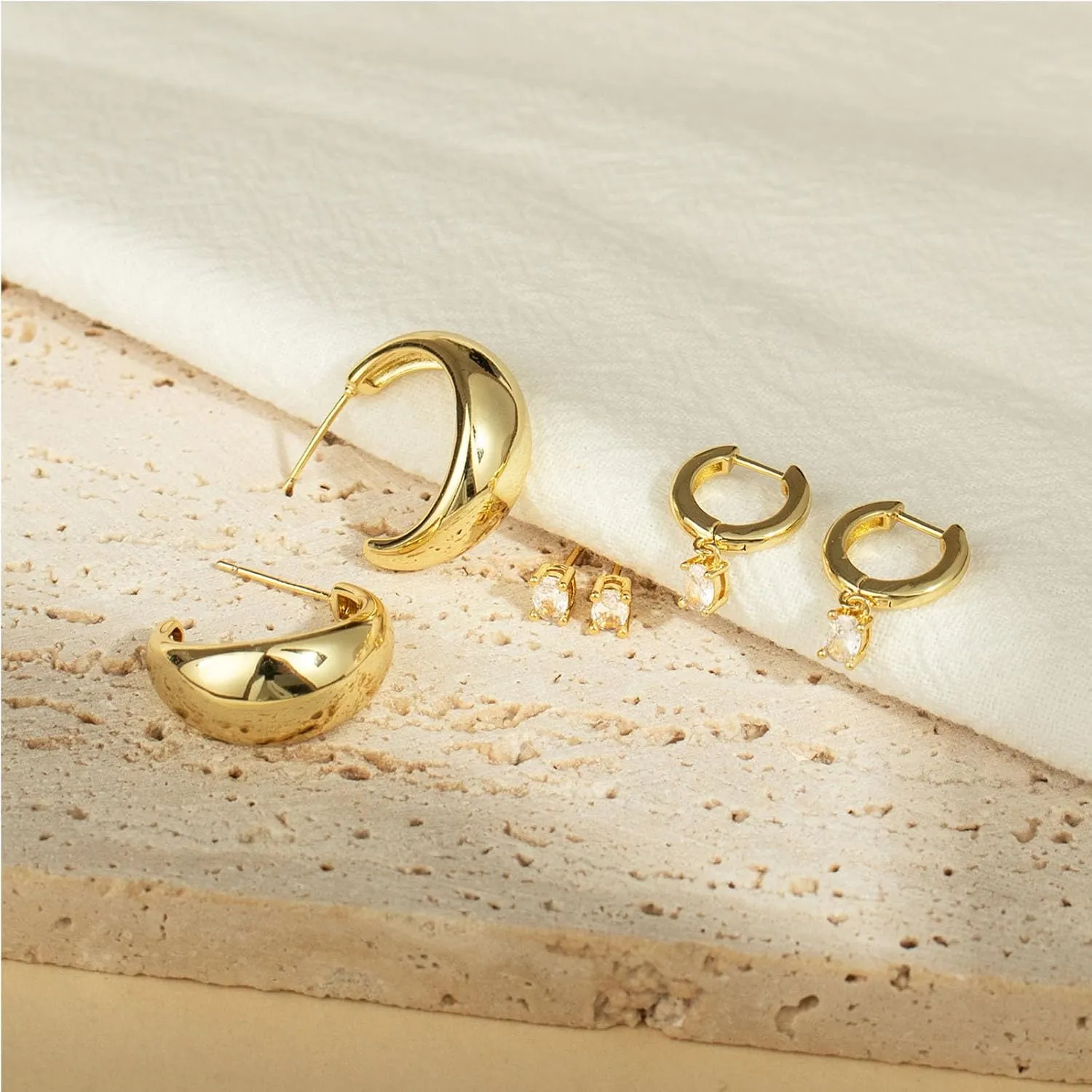 Gold Earrings for Women, 3 Pairs 14K Gold Plated Hypoallergenic Chunky Cartilage Hoop Earrings Set for Women Trendy, Dainty CZ Cute Stud Earring Huggie Stacks Gold Fashion Jewelry Gifts for Her