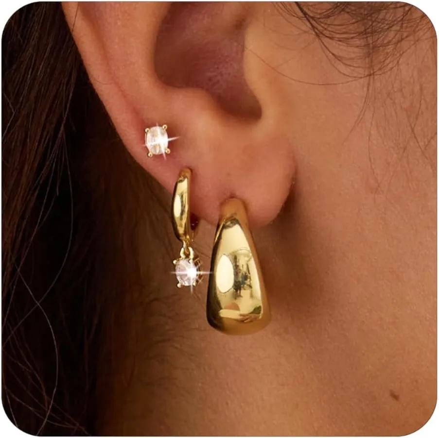 Gold Earrings for Women, 3 Pairs 14K Gold Plated Hypoallergenic Chunky Cartilage Hoop Earrings Set for Women Trendy, Dainty CZ Cute Stud Earring Huggie Stacks Gold Fashion Jewelry Gifts for Her
