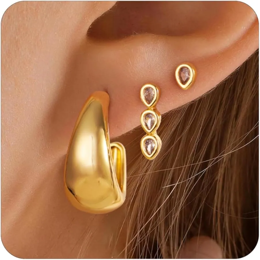 Gold Earrings for Women, 3 Pairs 14K Gold Plated Hypoallergenic Chunky Cartilage Hoop Earrings Set for Women Trendy, Dainty CZ Cute Stud Earring Huggie Stacks Gold Fashion Jewelry Gifts for Her