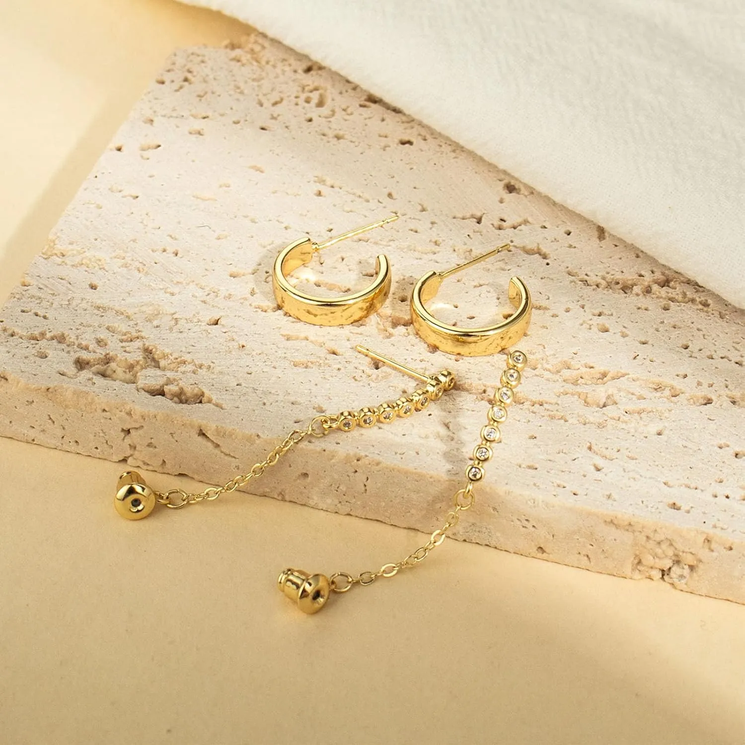 Gold Earrings for Women, 3 Pairs 14K Gold Plated Hypoallergenic Chunky Cartilage Hoop Earrings Set for Women Trendy, Dainty CZ Cute Stud Earring Huggie Stacks Gold Fashion Jewelry Gifts for Her