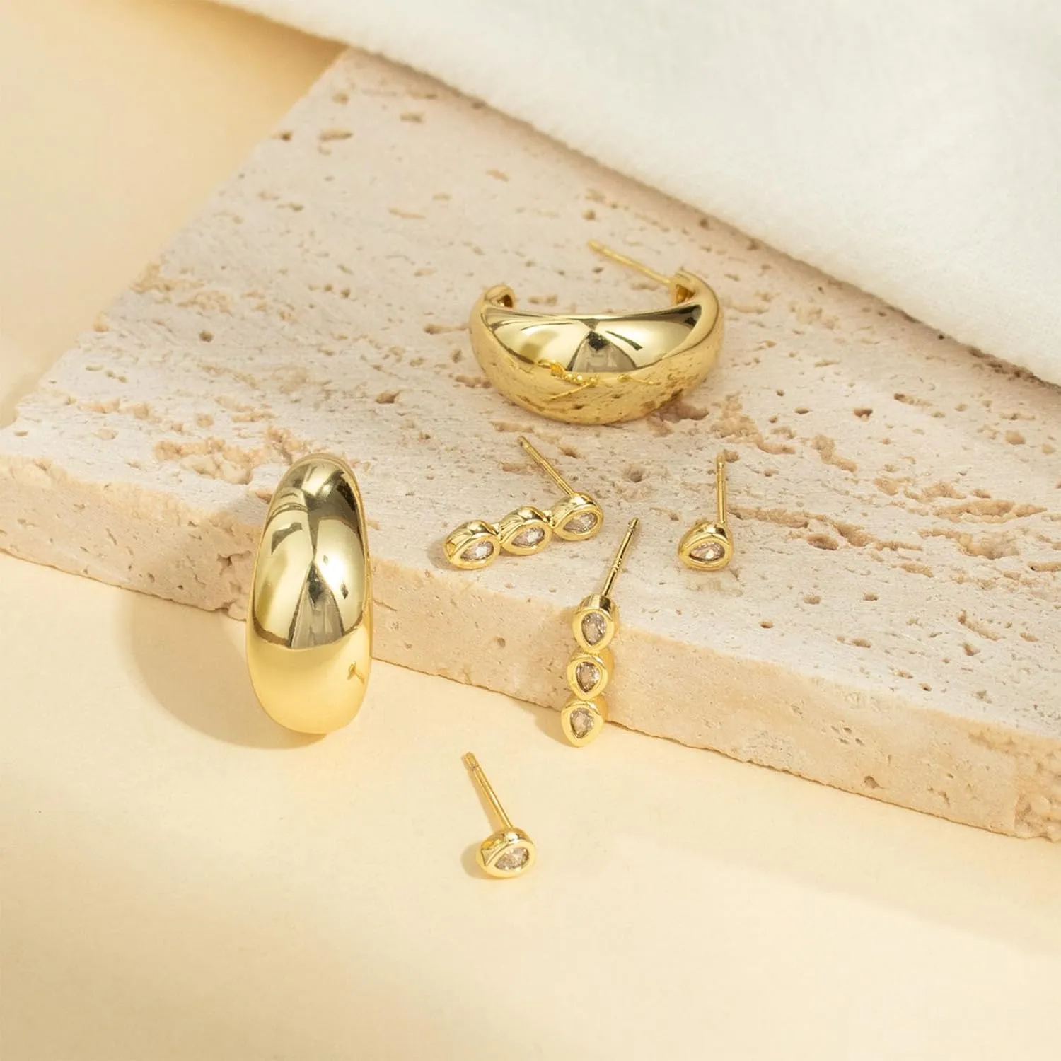 Gold Earrings for Women, 3 Pairs 14K Gold Plated Hypoallergenic Chunky Cartilage Hoop Earrings Set for Women Trendy, Dainty CZ Cute Stud Earring Huggie Stacks Gold Fashion Jewelry Gifts for Her
