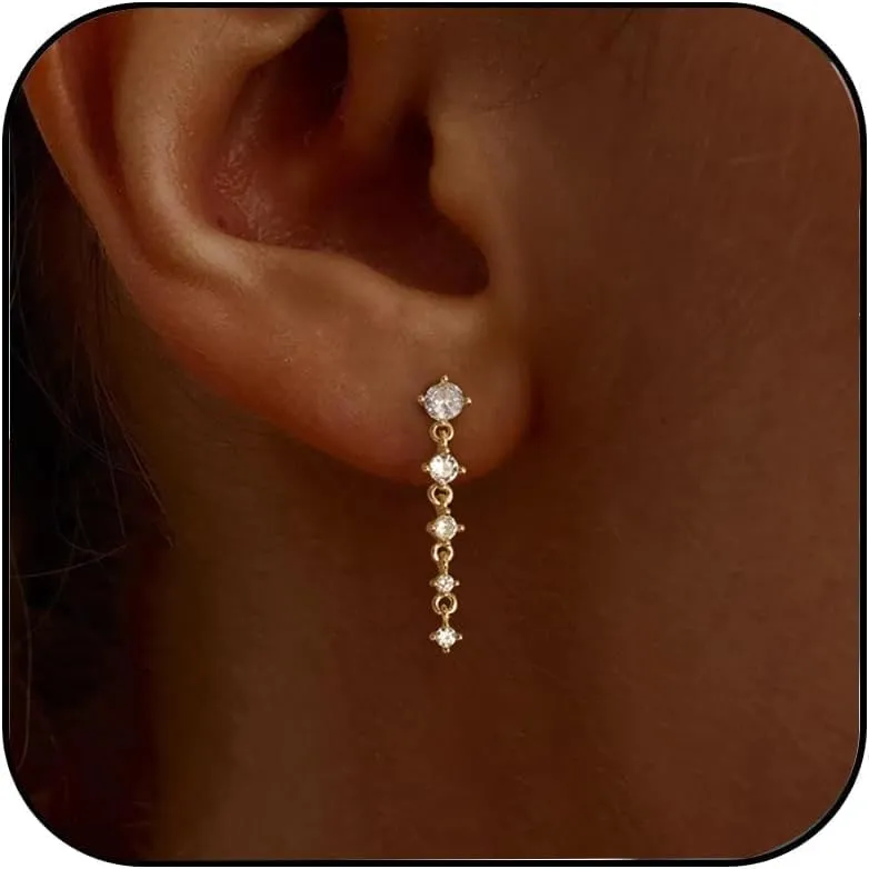 Gold Earrings for Women,Dainty 14k Gold Plated Pearl Drop Earring Dangle Pearl Dangling Earrings for Women Trendy Small Cute Wedding CZ Earring Long Chain Threader Prom Jewelry Gifts