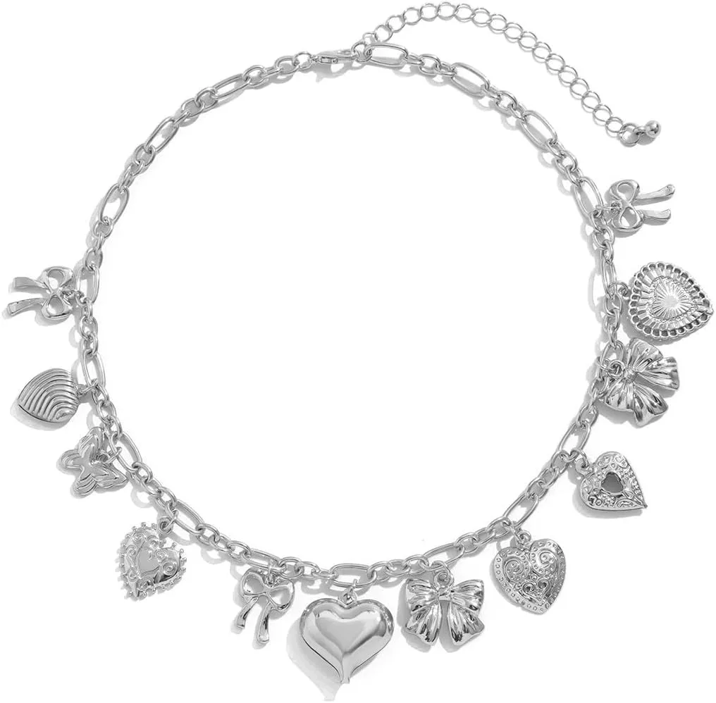 Gold Heart Charm Necklaces for Women Trendy Chunky Puffy Heart Choker Charms Necklace With Different Heart and Bow Fashion Jewelry Gift
