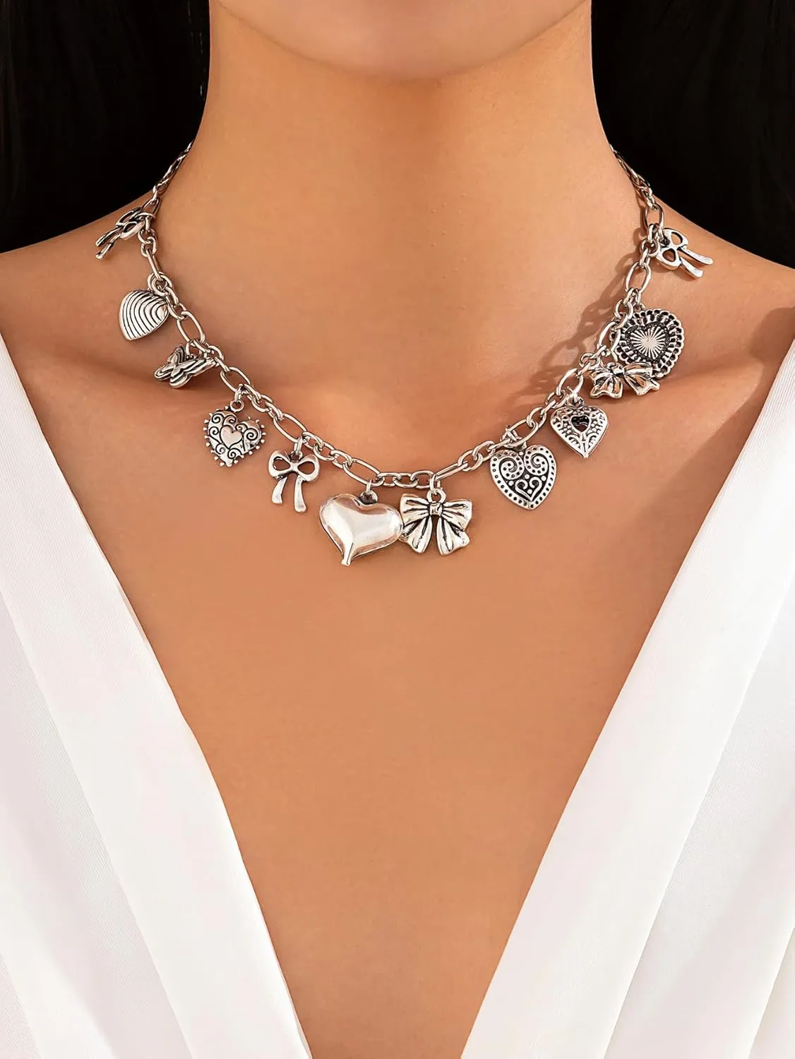 Gold Heart Charm Necklaces for Women Trendy Chunky Puffy Heart Choker Charms Necklace With Different Heart and Bow Fashion Jewelry Gift