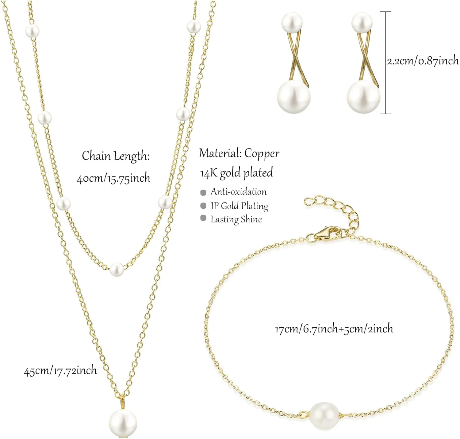 Gold Jewelry Set for Women Dainty 14K Gold Plated Jewelry Set Layered Faux Pearl Choker Necklace Bracelet Long Pearl Drop Earrings Set