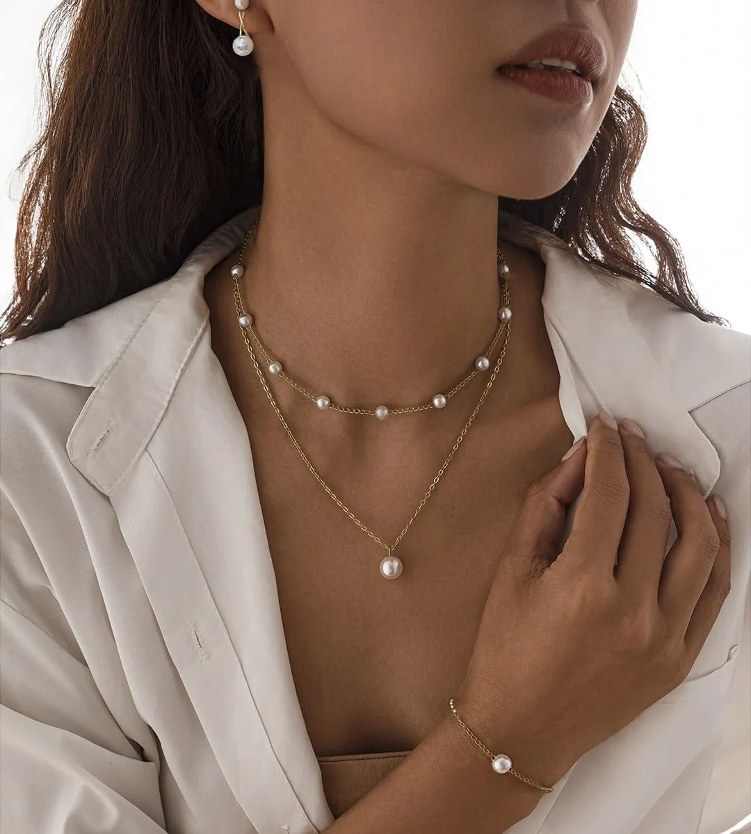 Gold Jewelry Set for Women Dainty 14K Gold Plated Jewelry Set Layered Faux Pearl Choker Necklace Bracelet Long Pearl Drop Earrings Set