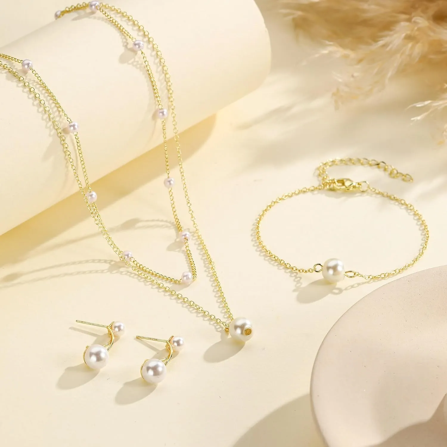Gold Jewelry Set for Women Dainty 14K Gold Plated Jewelry Set Layered Faux Pearl Choker Necklace Bracelet Long Pearl Drop Earrings Set