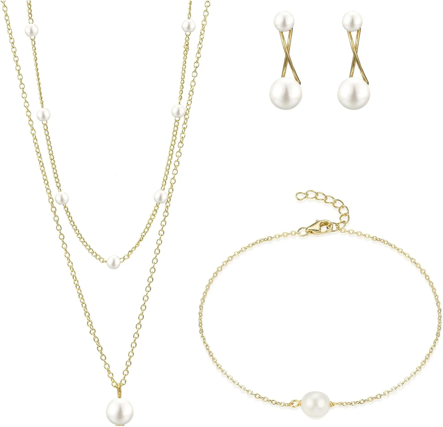 Gold Jewelry Set for Women Dainty 14K Gold Plated Jewelry Set Layered Faux Pearl Choker Necklace Bracelet Long Pearl Drop Earrings Set