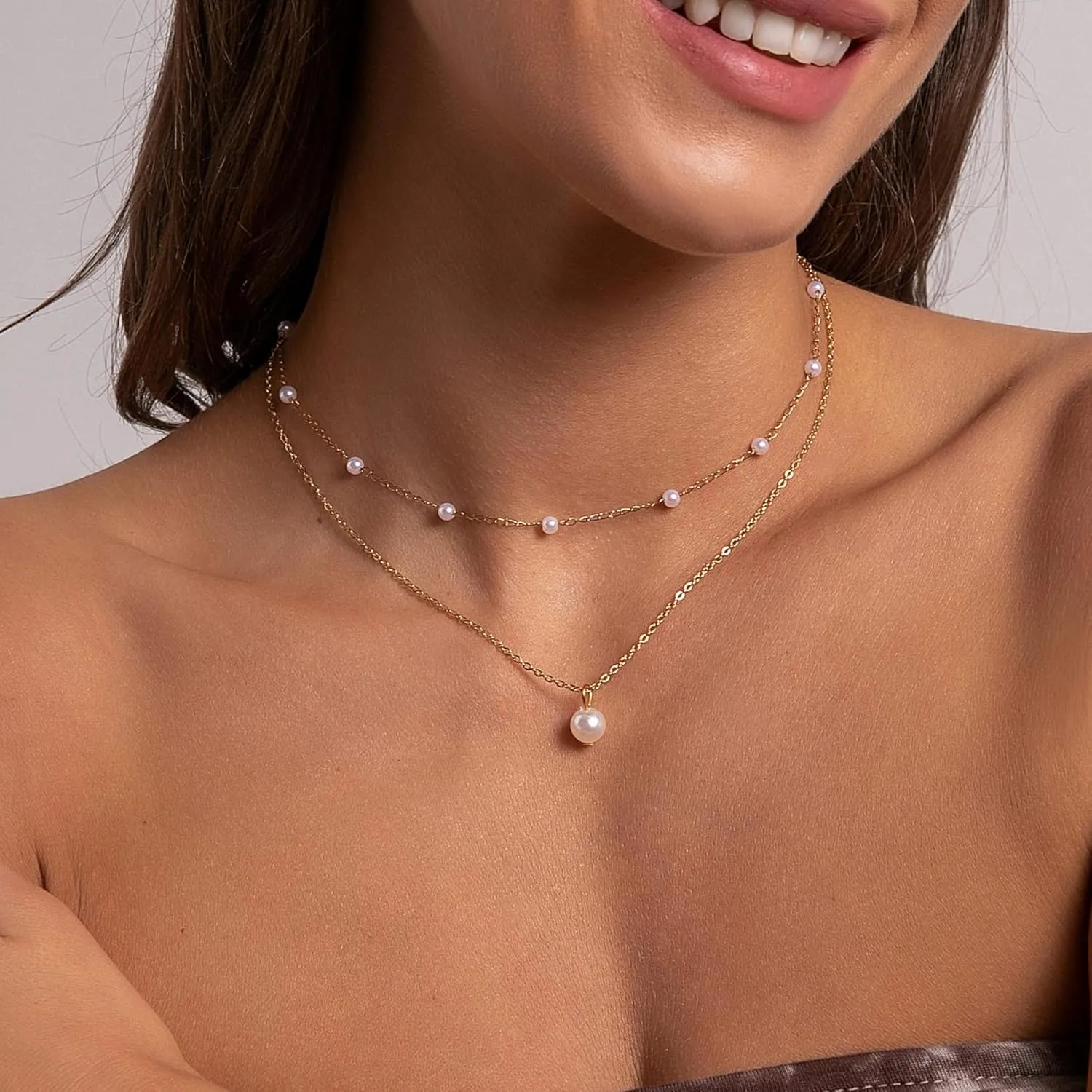 Gold Jewelry Set for Women Dainty 14K Gold Plated Jewelry Set Layered Faux Pearl Choker Necklace Bracelet Long Pearl Drop Earrings Set