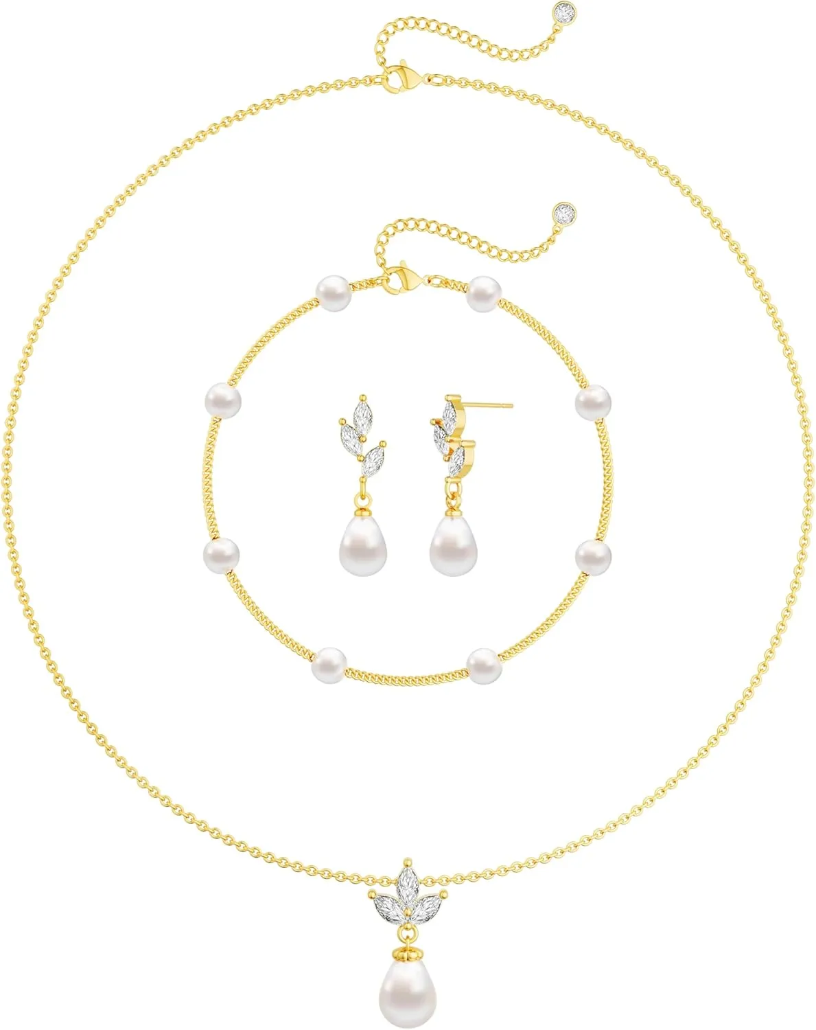 Gold Jewelry Sets for Women Trendy, Dainty 14K Gold Plated Pearl Necklace and Earring Set Pearl Bracelet Pearl Choker Necklaces CZ Diamond Long Pearl Drop Earrings Wedding Bride Jewelry for Women