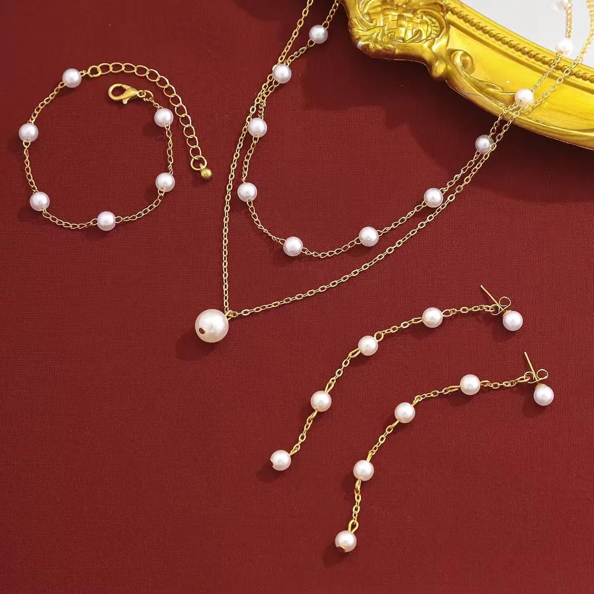 Gold Pearl Jewelry Set for Women - Dainty 14K Gold Plated Layered Pearl Choker, Bracelet, and Drop Earrings - Perfect for Weddings and Gifts
