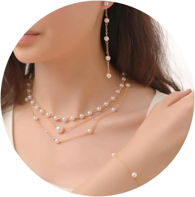 Gold Pearl Jewelry Set for Women - Dainty 14K Gold Plated Layered Pearl Choker, Bracelet, and Drop Earrings - Perfect for Weddings and Gifts