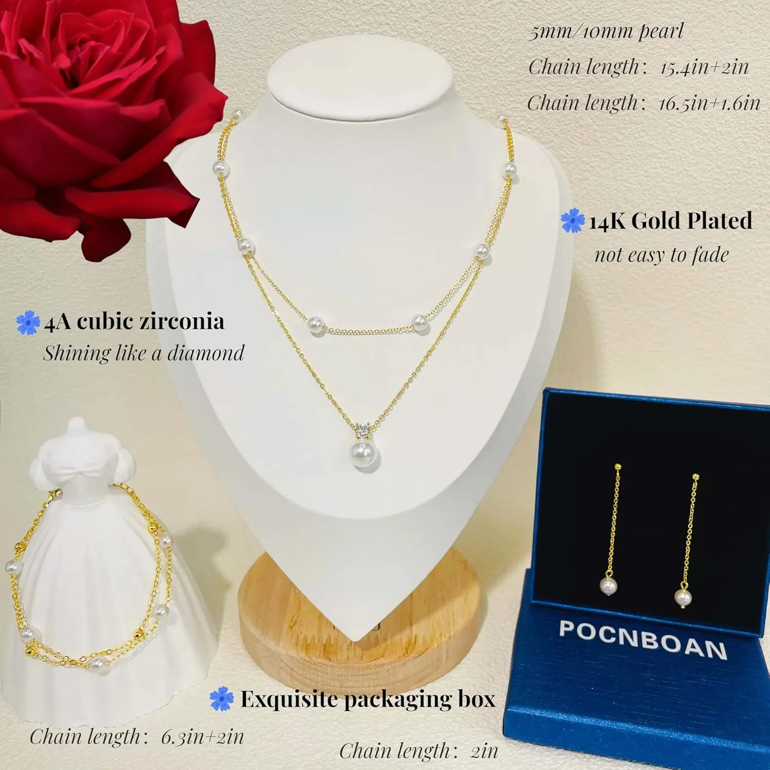Gold Plated Pearl Necklace and Earring Set, 4A Cubic Zirconia Dainty Choker Necklaces for Women Layered Bracelets Drop Earrings, Wedding Jewelry Gifts