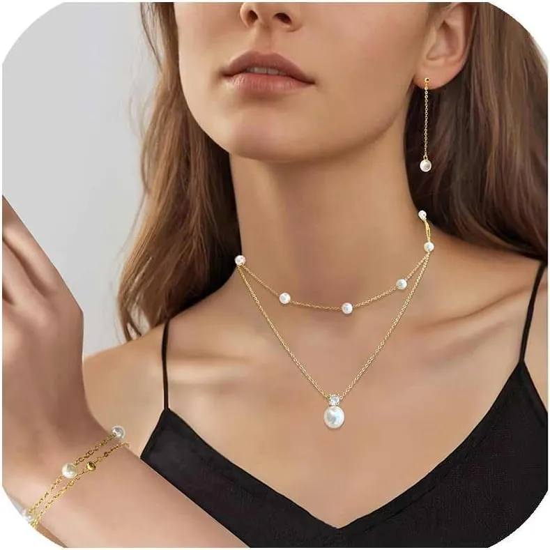 Gold Plated Pearl Necklace and Earring Set, 4A Cubic Zirconia Dainty Choker Necklaces for Women Layered Bracelets Drop Earrings, Wedding Jewelry Gifts