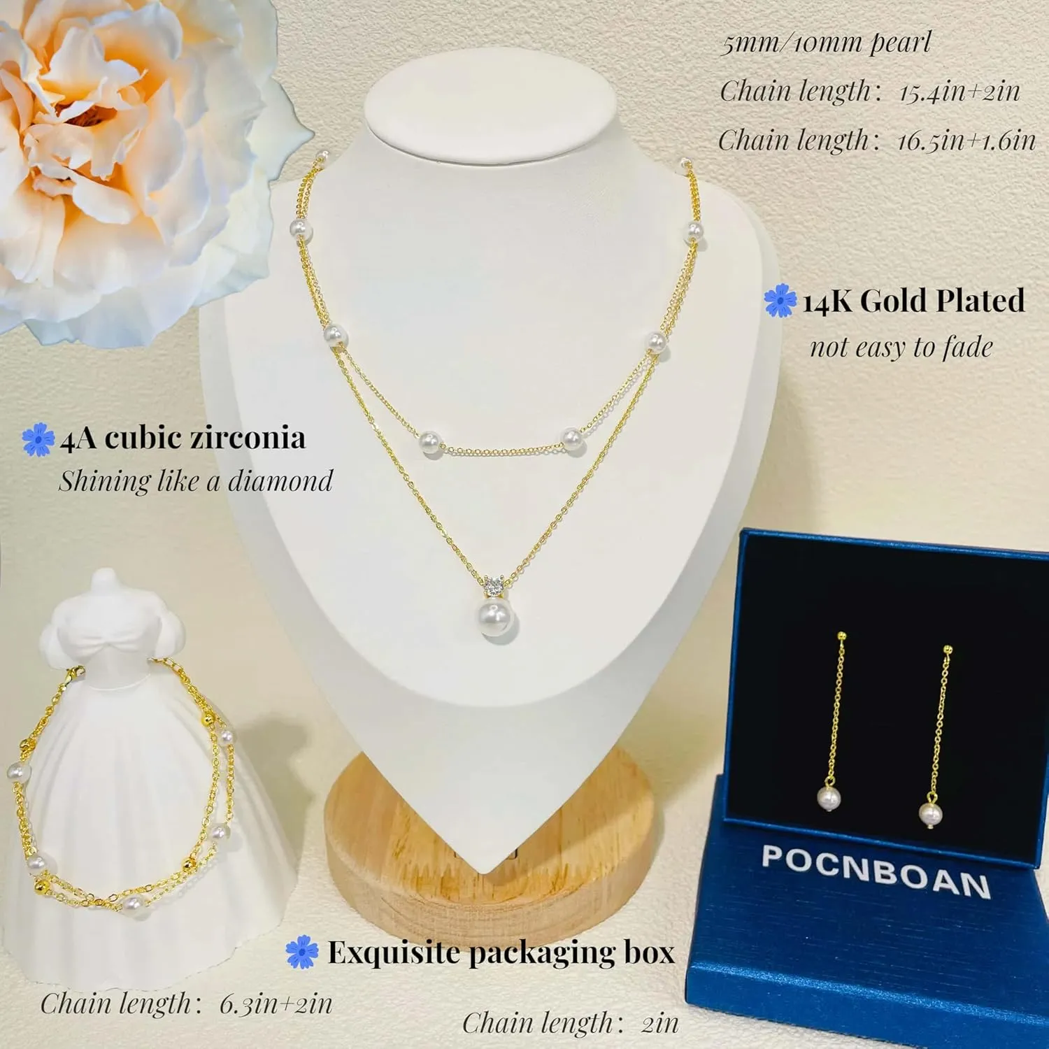 Gold Plated Pearl Necklace and Earring Set, 4A Cubic Zirconia Dainty Choker Necklaces for Women Layered Bracelets Drop Earrings, Wedding Jewelry Gifts