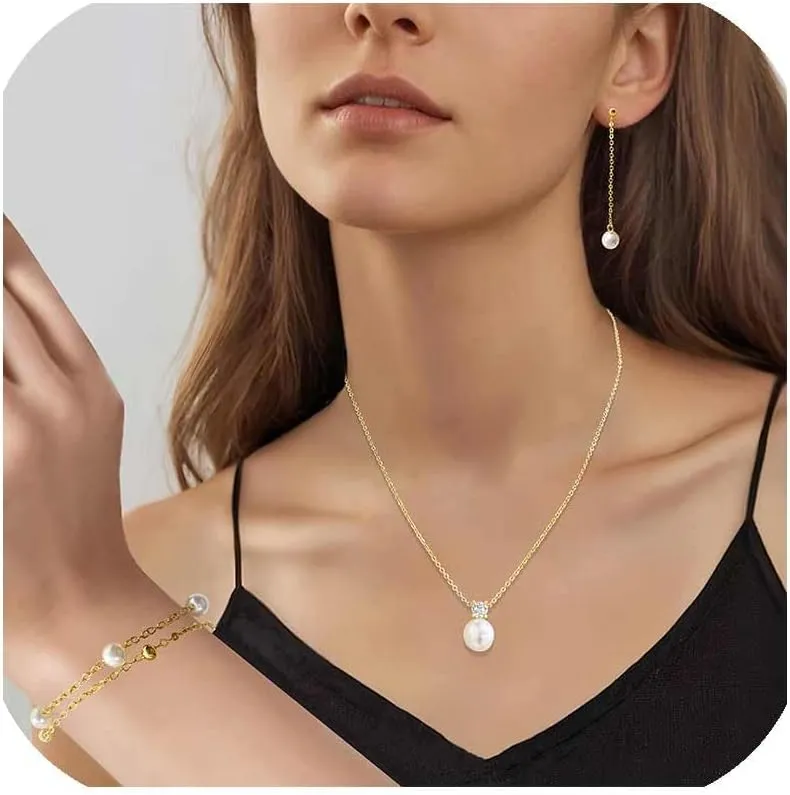 Gold Plated Pearl Necklace and Earring Set, 4A Cubic Zirconia Dainty Choker Necklaces for Women Layered Bracelets Drop Earrings, Wedding Jewelry Gifts
