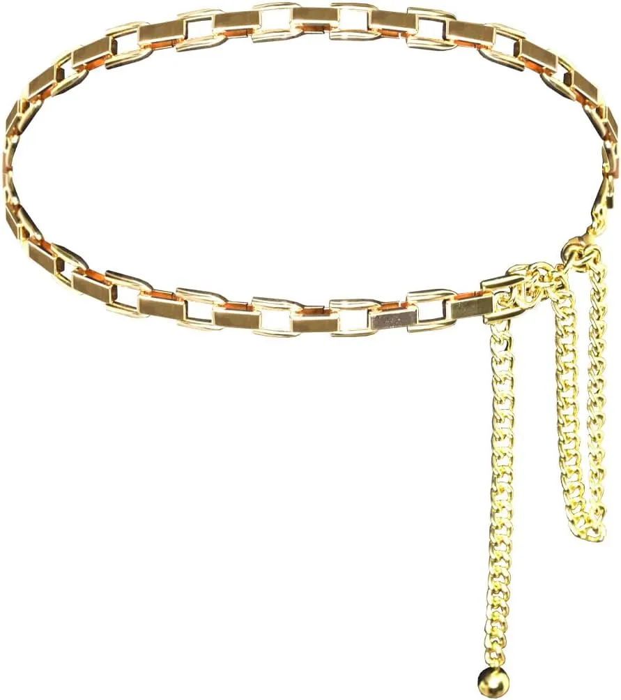 Gold Waist Chain Belt for Women, Adjustable Fashion Metal Body Link Belts for Jeans Dresses